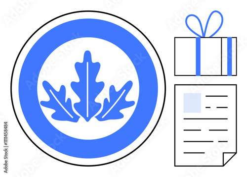 Blue and white badge with oak leaves, next to a gift box and document. Ideal for achievements, recognition, awards, certifications, celebrations, milestones and rewards. Line metaphor photo