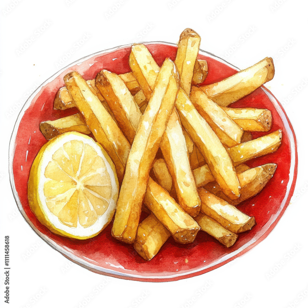 Freshly fried golden French fries served with slice of lemon Freshly fried golden French fries served with slice of lemon