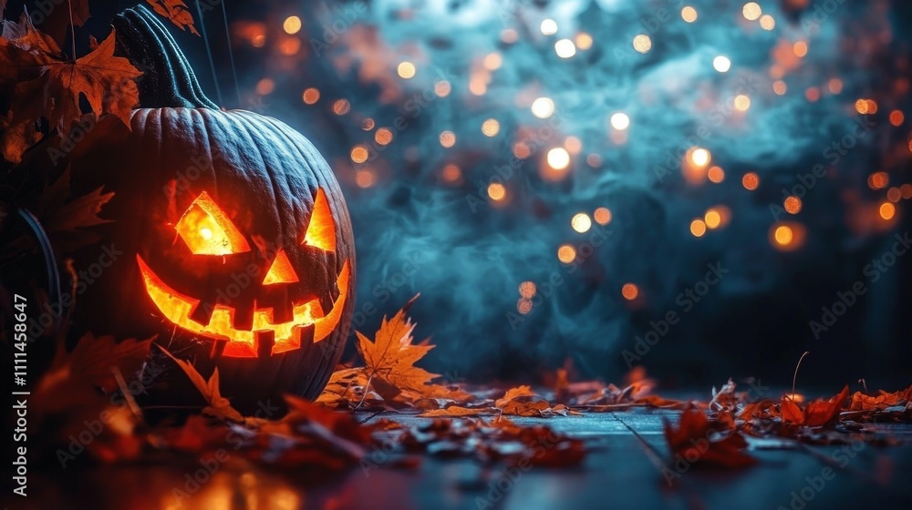 Fototapeta premium Spooky Halloween Background with Glowing Jack O Lantern Pumpkins and Foggy Night Landscape