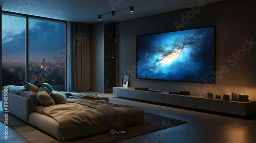 Night Cityscape View from Modern Home Theater Room 3D Illustration