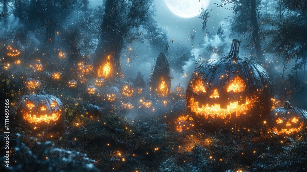 Spooky Halloween Scene with Glowing Jack O Lanterns in Dark Forest and Moonlight Spooky Halloween Scene with Glowing Jack O Lanterns in Dark Forest and Moonlight