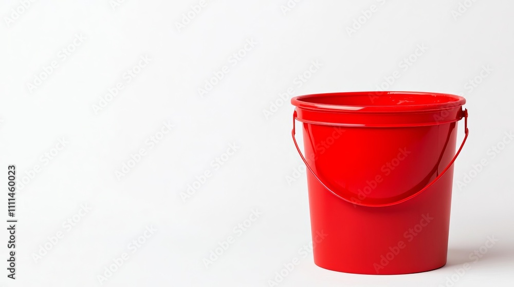 A bright red bucket stands alone against a clean white background, ideal for conveying simplicity, utility, and fun in various creative projects. A bright red bucket stands alone against a clean white background, ideal for conveying simplicity, utility, and fun in various creative projects.