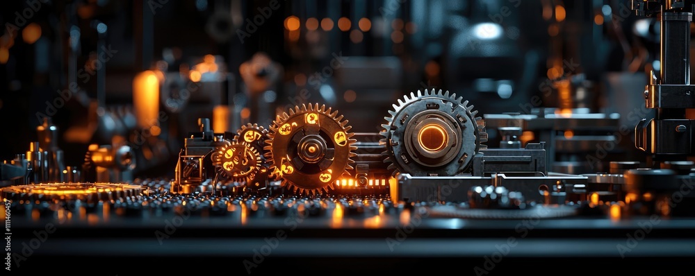 Close-up of intricate gears and machinery, illuminated with ambient light. Close-up of intricate gears and machinery, illuminated with ambient light.