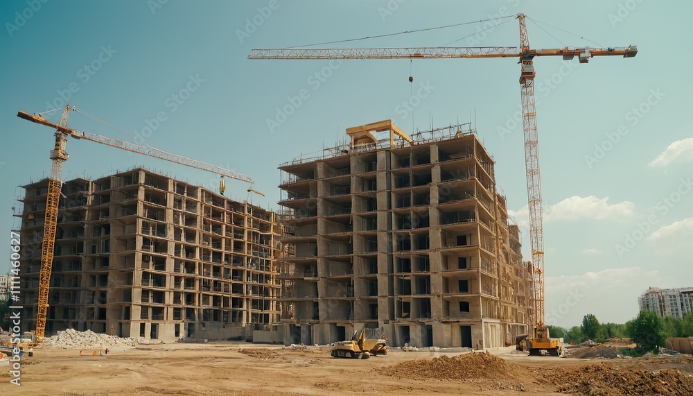 The striking contrast of a tower crane against a modern building under construction and a bright blue sky makes it ideal for real estate and construction marketing. 852 The striking contrast of a tower crane against a modern building under construction and a bright blue sky makes it ideal for real estate and construction marketing. 852