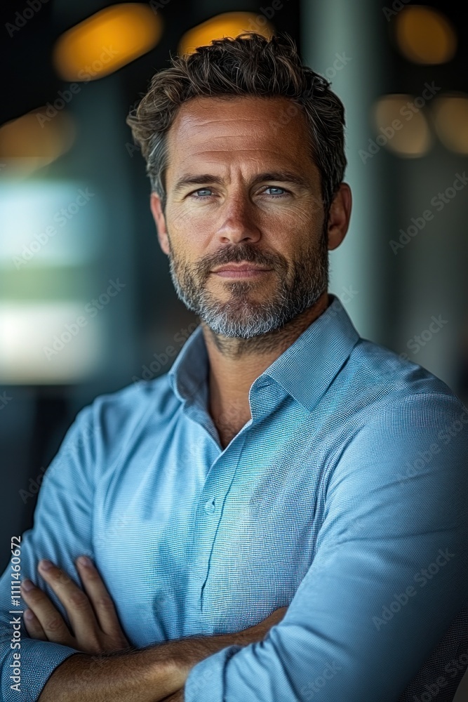 Confident black businessman standing with arms crossed in modern office environment Confident black businessman standing with arms crossed in modern office environment