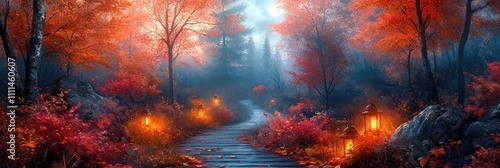 Halloween Night Landscape with Jack O Lanterns Moonlight and Colorful Leaves photo