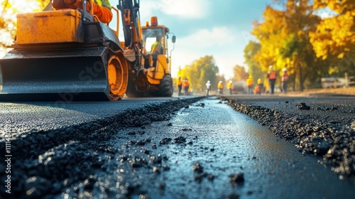 Road Construction Teamwork Laying Asphalt at Site with Heavy Machinery and Equipment photo