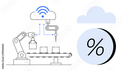 Robotic arm on conveyor with boxes connected to cloud, signifying IoT and automation. wireless symbol. Ideal for topics on Industry 4.0, manufacturing, smart factories, IoT, automation, cloud