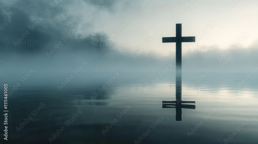 Serene Cross Reflection in Tranquil Water at Dawn Serene Cross Reflection in Tranquil Water at Dawn