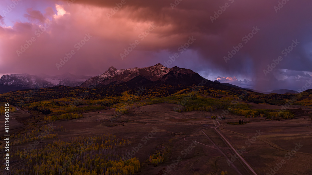 Photography OCTOBER 13, 2023, HASTINGS MESA, COLORADO, USA - sunset with spectacular mountai