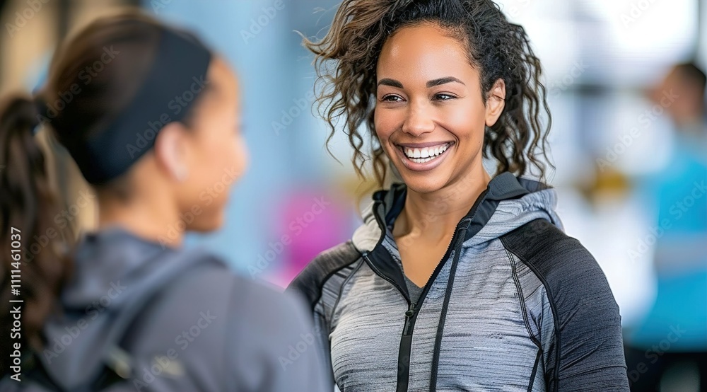 Happy African American athlete talking to her friend while stretching on exercise class in health club. Happy African American athlete talking to her friend while stretching on exercise class in health club.