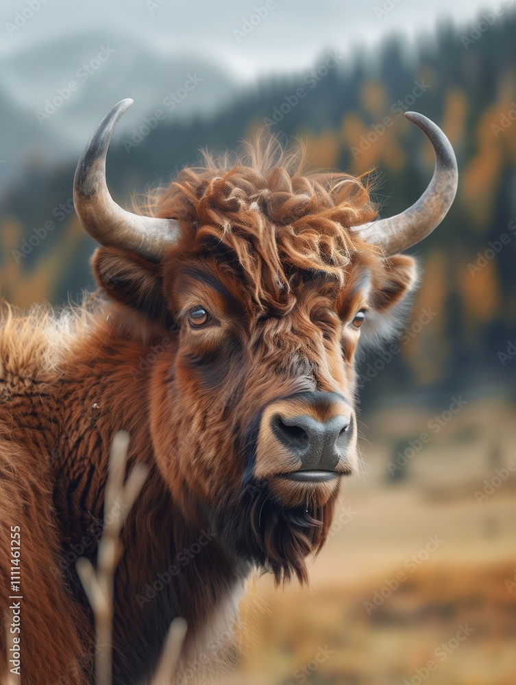 Close up portrait of Yak, Bos grunniens, in an autumn mountain landscape Close up portrait of Yak, Bos grunniens, in an autumn mountain landscape
