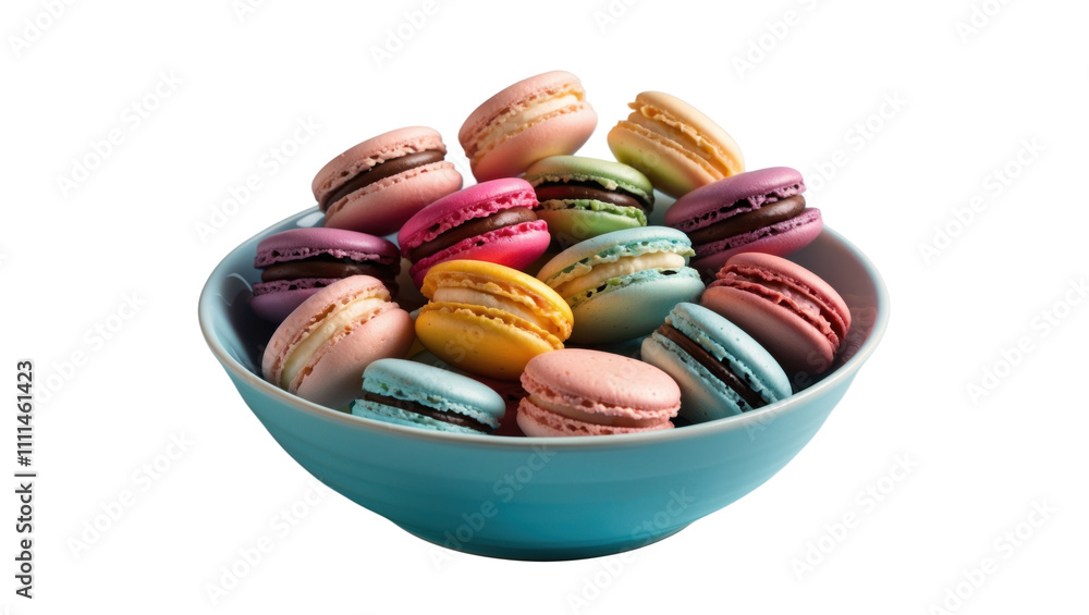 Colorful macarons in a bowl isolated on white background food photography bright environment top view concept Colorful macarons in a bowl isolated on white background food photography bright environment top view concept