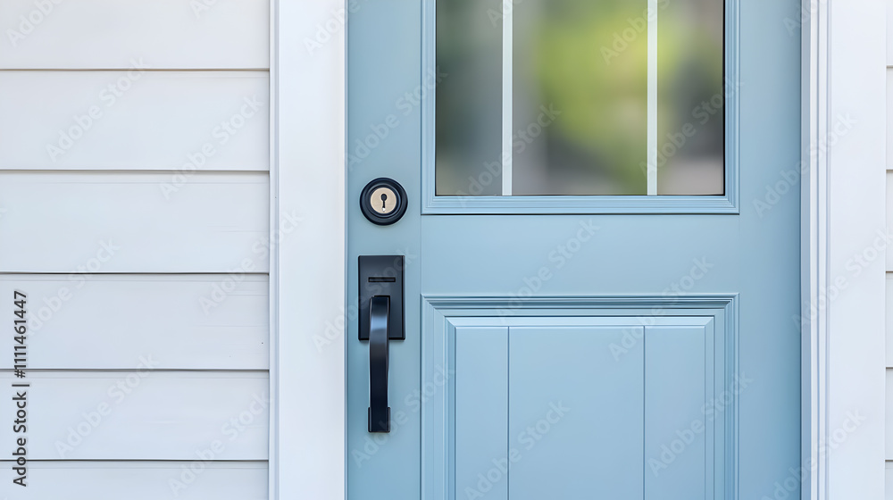 Light Blue Front Door with Black Hardware and White Siding Light Blue Front Door with Black Hardware and White Siding