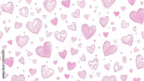 mless pattern with cute pink hearts and doodles on a white background. Valentine's Day seamless texture, love concept. Vector illustration of hand-drawn doodle art for design print.  photo