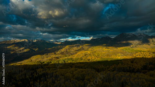 OCTOBER 4, 2023, KEBLER PASS, CRESTED BUTTE, CO. USA - sunset colors on Kebler Pass Mountains in Autumn color photo