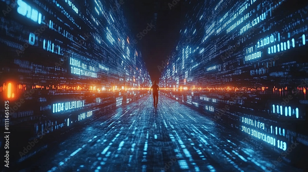 Person Walking Through Digital Code Corridor Person Walking Through Digital Code Corridor