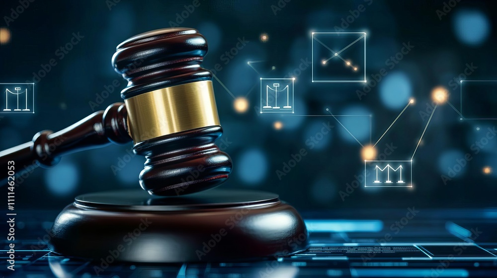 A digital gavel symbolizing justice and technology. Represents the intersection of law and digital innovation in modern legal practices and decisions. A digital gavel symbolizing justice and technology. Represents the intersection of law and digital innovation in modern legal practices and decisions.