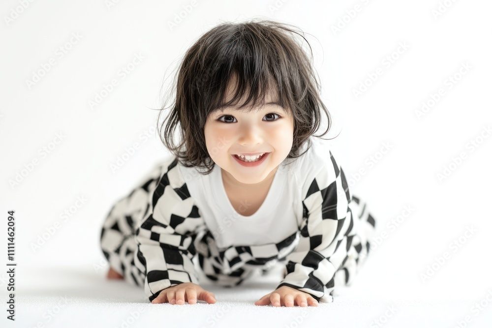 Photo of a happy, smiling Asian toddler girl wearing a white shirt and plaid pants, sitting on the floor and isolated against a white background. The image was taken in a studio with soft lighting. Photo of a happy, smiling Asian toddler girl wearing a white shirt and plaid pants, sitting on the floor and isolated against a white background. The image was taken in a studio with soft lighting.
