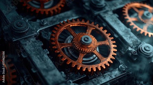 Copper gears on machinery with a dark industrial background. photo