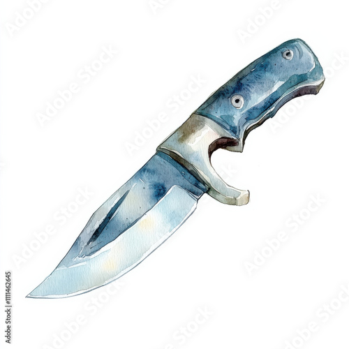 Watercolor illustration of knife with blue handle and silver blade