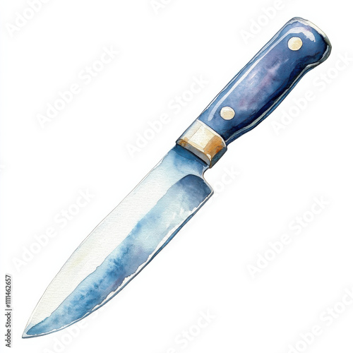 watercolor illustration of knife with blue handle, isolated on white