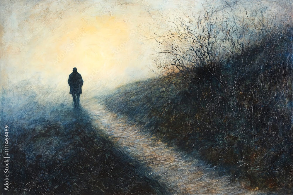 Shadowy wanderer on a misty mountain path, soft dawn light creating mysterious silhouette, barely discernible human form Shadowy wanderer on a misty mountain path, soft dawn light creating mysterious silhouette, barely discernible human form