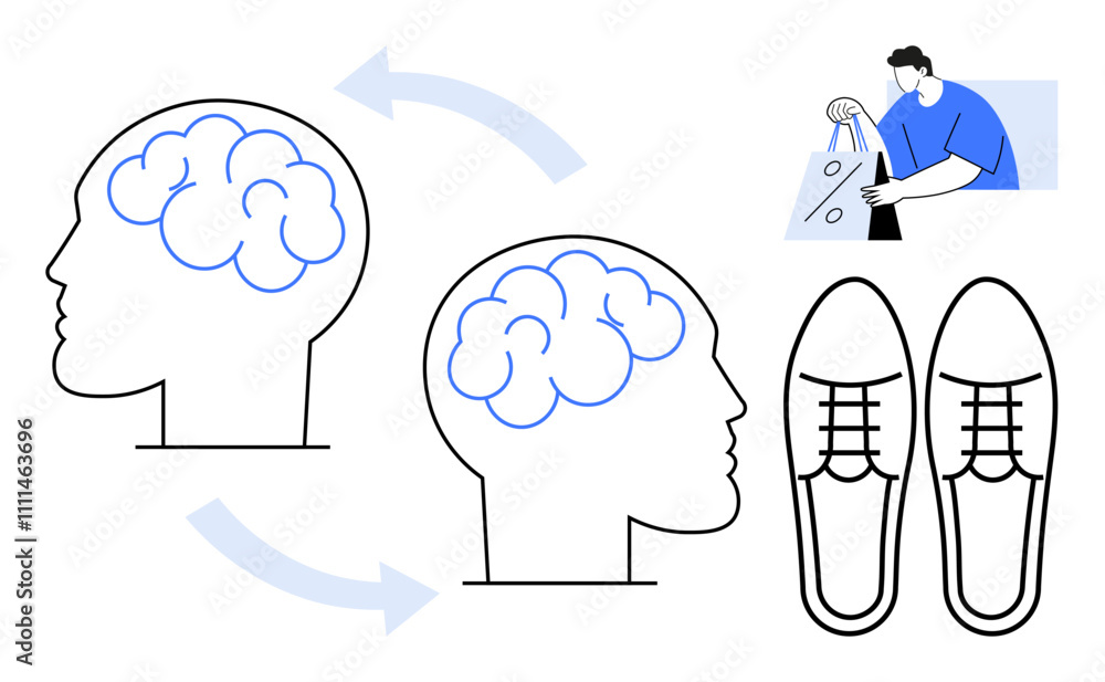 Two human profiles with brain outlines connected by arrows, symbolizing decision making. Man holding bags, pair of shoes above, Ideal for psychology, neuroscience, decision making, advertising Two human profiles with brain outlines connected by arrows, symbolizing decision making. Man holding bags, pair of shoes above, Ideal for psychology, neuroscience, decision making, advertising