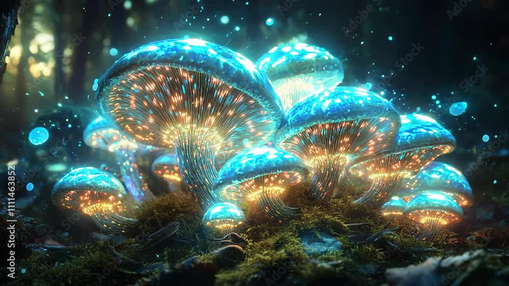 Psychedelic Glowing Mushrooms in Enchanted Forest Loop Backdrop Psychedelic Glowing Mushrooms in Enchanted Forest Loop Backdrop