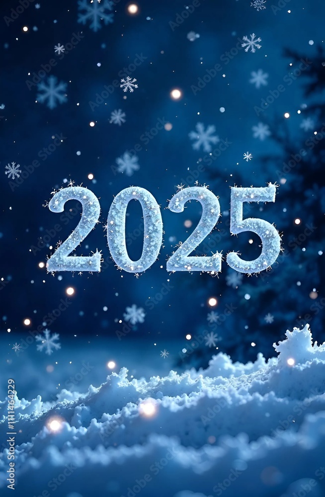 In the center, the number 2025 is prominently displayed in a frosted silver font, appearing as though etched in ice and surrounded by a faint, magical blue glow. Above the year, the words “Welcoming a In the center, the number 2025 is prominently displayed in a frosted silver font, appearing as though etched in ice and surrounded by a faint, magical blue glow. Above the year, the words “Welcoming a