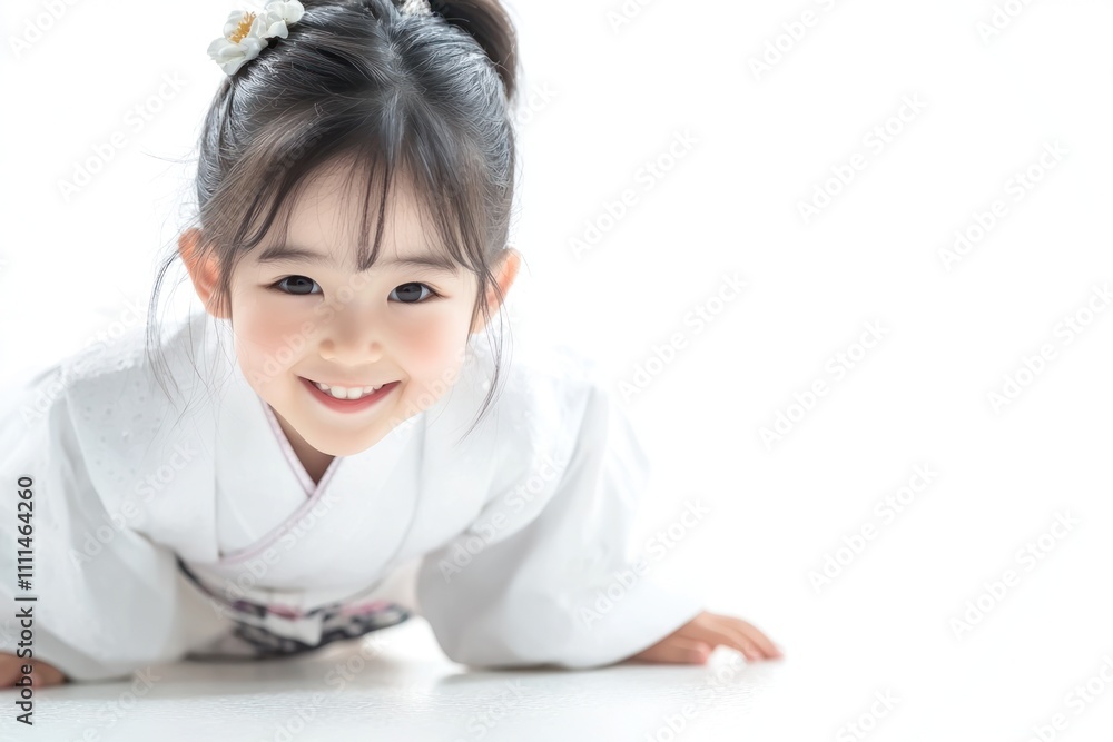 A cute Japanese girl child wearing white , crawling on the floor and smiling at the camera. The background is white with space for text or product display A cute Japanese girl child wearing white , crawling on the floor and smiling at the camera. The background is white with space for text or product display