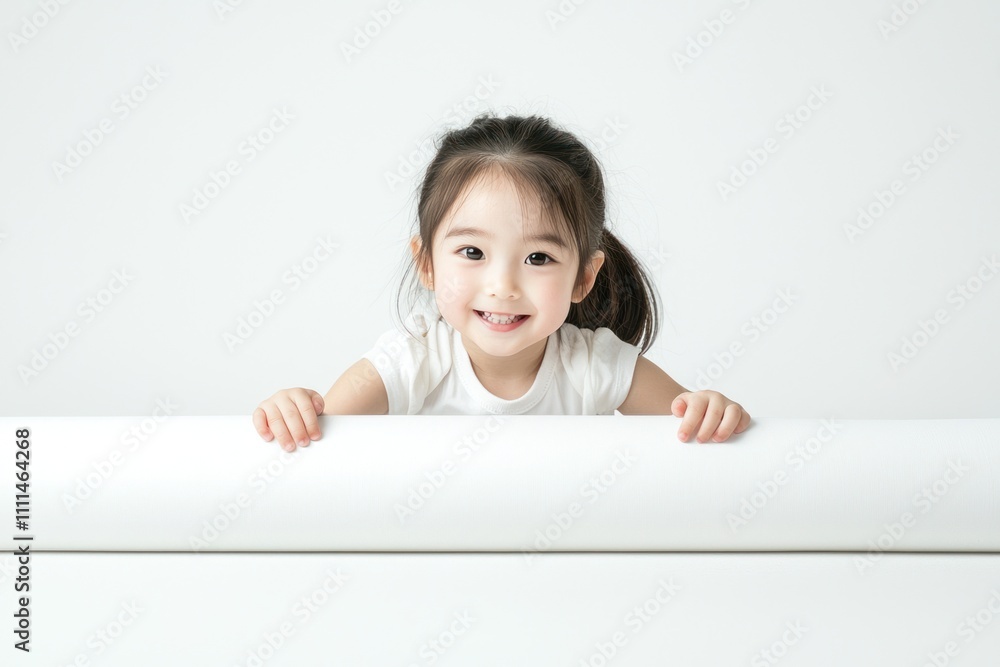 A cute Japanese girl child wearing white , crawling on the floor and smiling at the camera. The background is white with space for text or product display A cute Japanese girl child wearing white , crawling on the floor and smiling at the camera. The background is white with space for text or product display