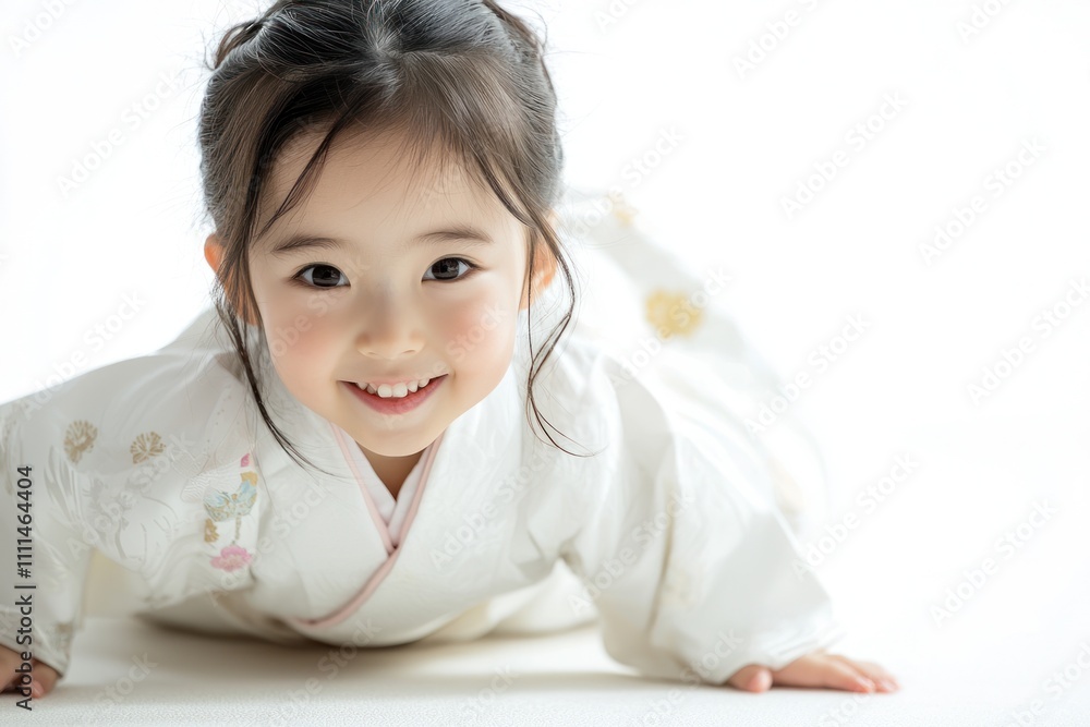A cute Japanese girl child wearing white , crawling on the floor and smiling at the camera. The background is white with space for text or product display A cute Japanese girl child wearing white , crawling on the floor and smiling at the camera. The background is white with space for text or product display