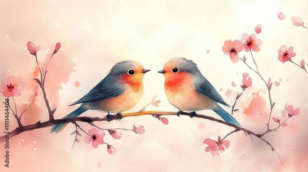 Pastel Birds on a Branch with Blooming Cherry Blossoms for Valentine's Day Pastel Birds on a Branch with Blooming Cherry Blossoms for Valentine's Day