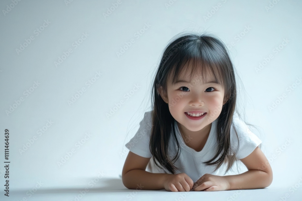 A cute Japanese girl child wearing white , crawling on the floor and smiling at the camera. The background is white with space for text or product display A cute Japanese girl child wearing white , crawling on the floor and smiling at the camera. The background is white with space for text or product display