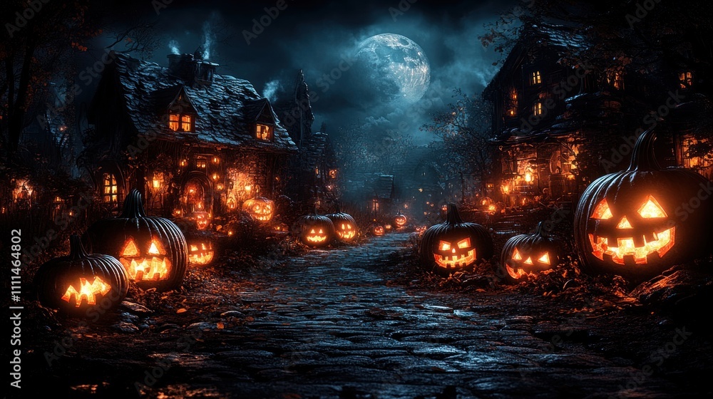 Spooky Halloween Night Scene with Glowing Jack-o'-Lanterns Dark Fantasy Atmosphere Spooky Halloween Night Scene with Glowing Jack-o'-Lanterns Dark Fantasy Atmosphere