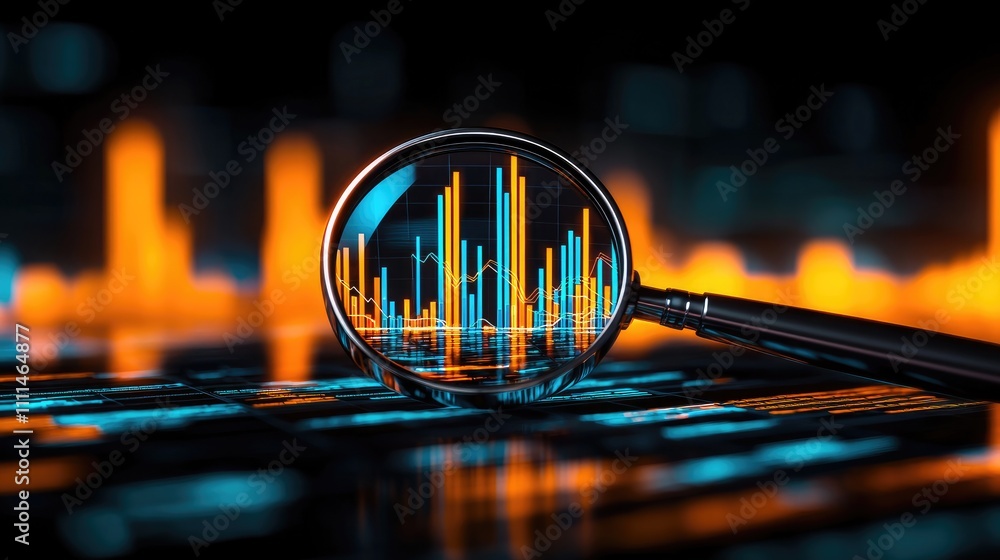 SEO relevance concept. Magnifying glass over vibrant data visualization on a digital interface. SEO relevance concept. Magnifying glass over vibrant data visualization on a digital interface.