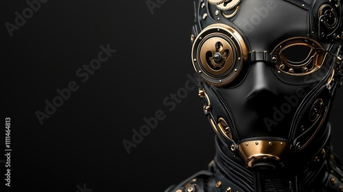 Futuristic robotic figure with intricate details on a dark background