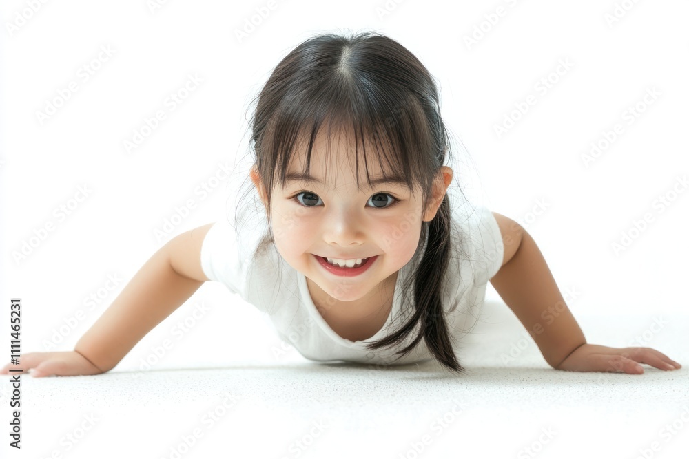 A cute Japanese girl child wearing white , crawling on the floor and smiling at the camera. The background is white with space for text or product display A cute Japanese girl child wearing white , crawling on the floor and smiling at the camera. The background is white with space for text or product display