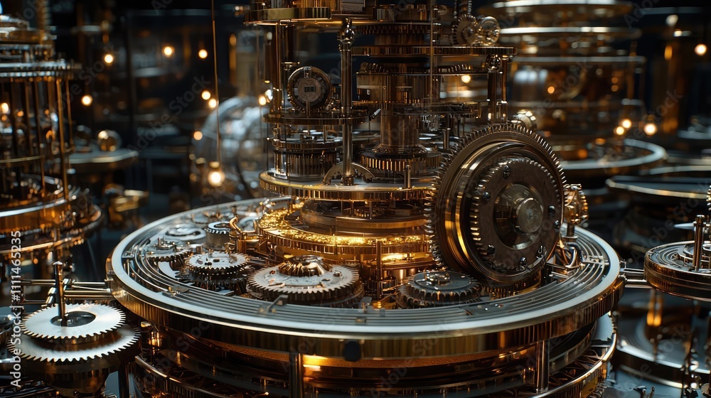 Intricate steampunk machinery with golden gears and glowing lights. Intricate steampunk machinery with golden gears and glowing lights.