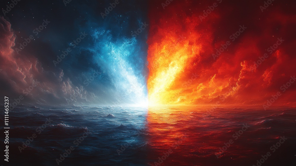 Dramatic Landscape of Good and Evil with Fiery and Icy Skies Exploring Choice and Duality Dramatic Landscape of Good and Evil with Fiery and Icy Skies Exploring Choice and Duality