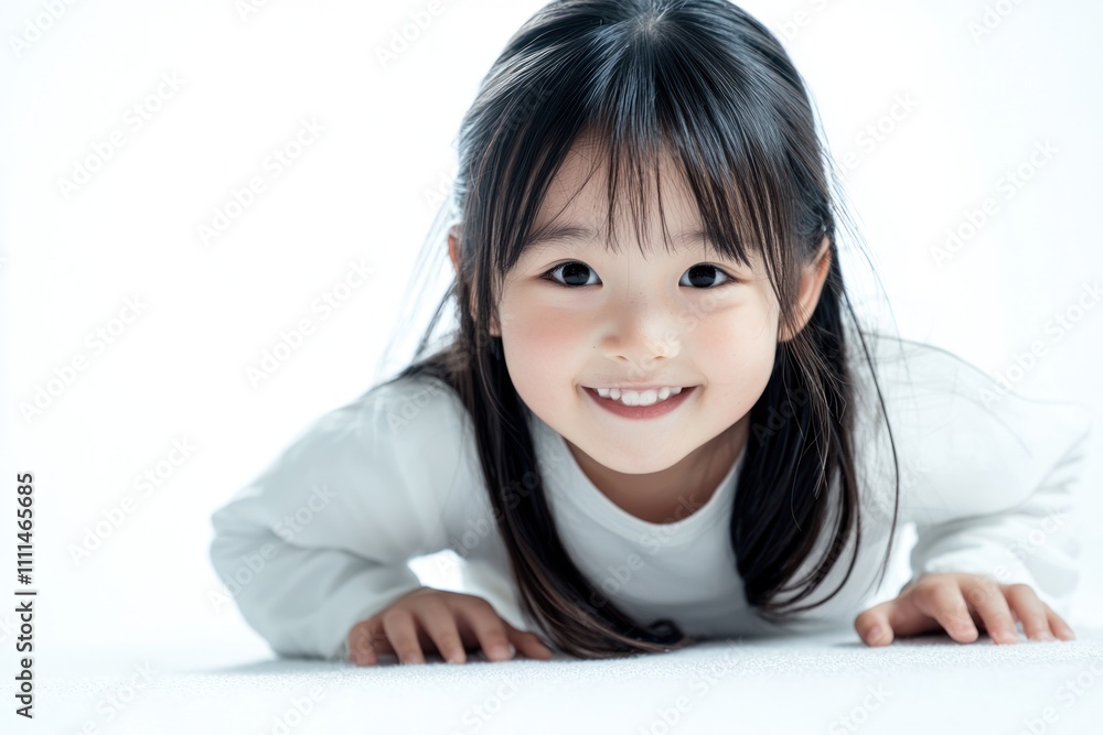 A cute Japanese girl child wearing white , crawling on the floor and smiling at the camera. The background is white with space for text or product display A cute Japanese girl child wearing white , crawling on the floor and smiling at the camera. The background is white with space for text or product display