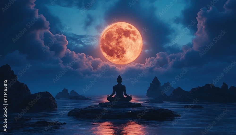 Serene Meditative Statue of Lord Shiva Under Full Moon in Night Sky Serene Meditative Statue of Lord Shiva Under Full Moon in Night Sky