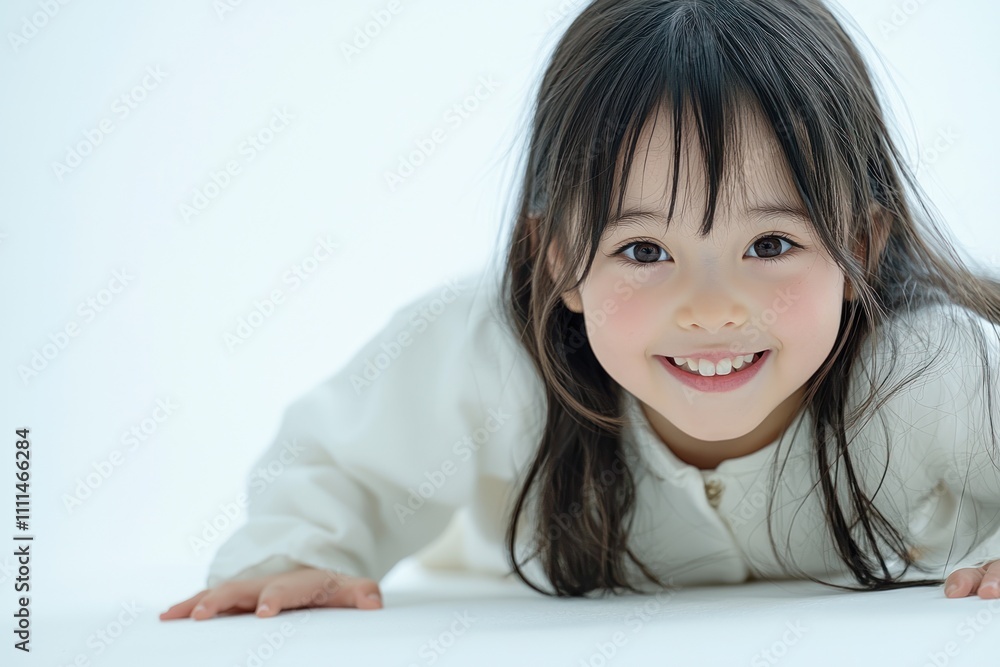 A cute Japanese girl child wearing white , crawling on the floor and smiling at the camera. The background is white with space for text or product display A cute Japanese girl child wearing white , crawling on the floor and smiling at the camera. The background is white with space for text or product display