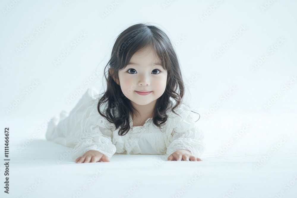A cute Japanese girl child wearing white , crawling on the floor and smiling at the camera. The background is white with space for text or product display A cute Japanese girl child wearing white , crawling on the floor and smiling at the camera. The background is white with space for text or product display