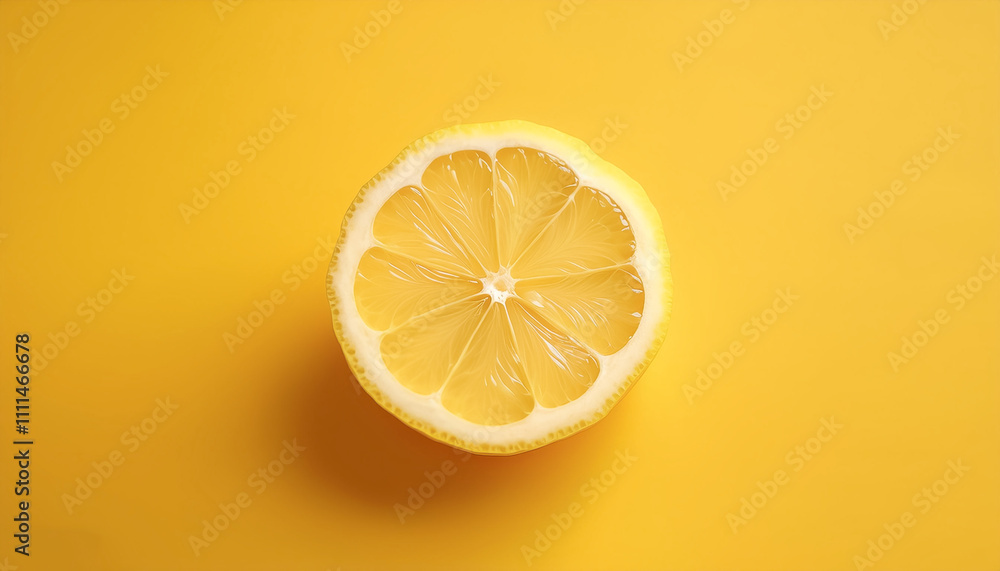 A single lemon slice is placed on a pastel yellow background for a monochromatic effect. A single lemon slice is placed on a pastel yellow background for a monochromatic effect.