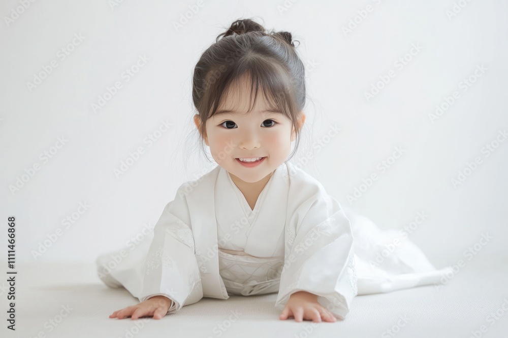A cute Japanese girl child wearing white , crawling on the floor and smiling at the camera. The background is white with space for text or product display A cute Japanese girl child wearing white , crawling on the floor and smiling at the camera. The background is white with space for text or product display
