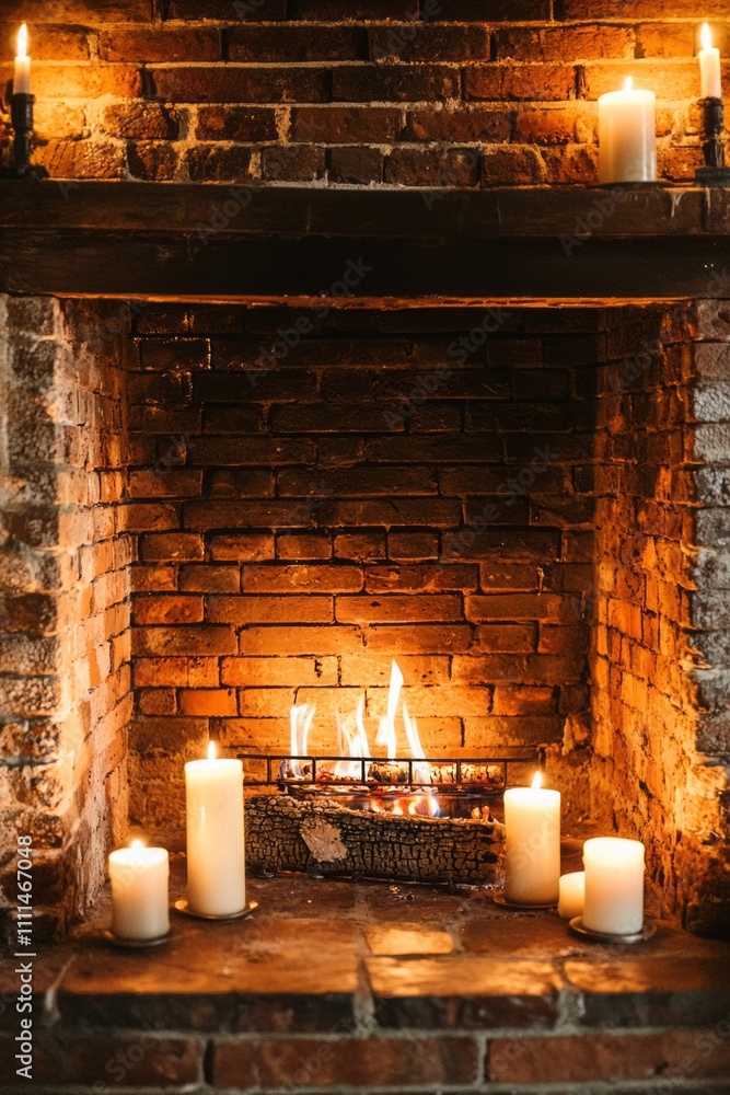 A traditional brick fireplace with a few candles on the mantel. The flames flicker softly A traditional brick fireplace with a few candles on the mantel. The flames flicker softly