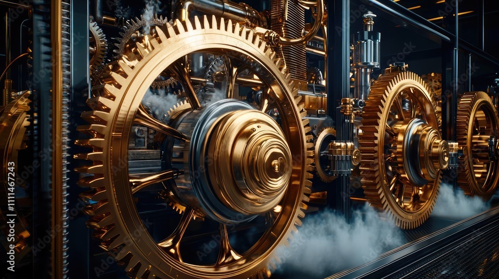 Golden gears and machinery, intricate details, steam effects, dark background. Golden gears and machinery, intricate details, steam effects, dark background.