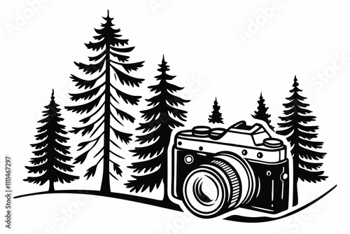 A  logo design combining a group of pine trees and a camera white background H photo